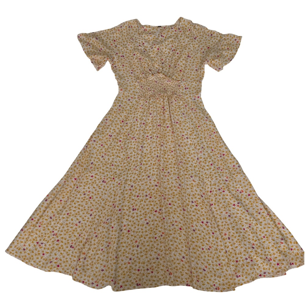 Free People Yellow Ditsy Floral Short Sleeve Full Bloom Midi Dress Women's Large - Picture 2 of 12